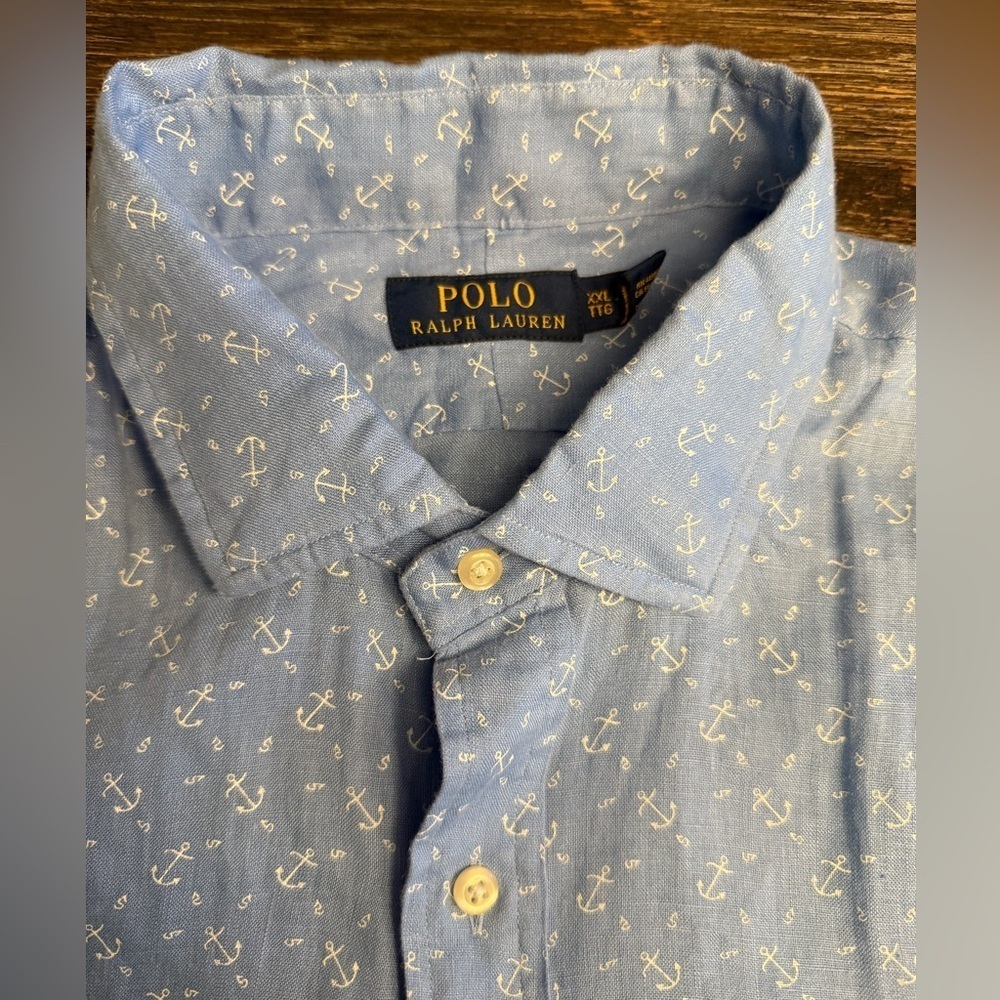 Polo Ralph Lauren Men's XXL Blue White Anchor Print Linen Shirt - Picture 3 of 3